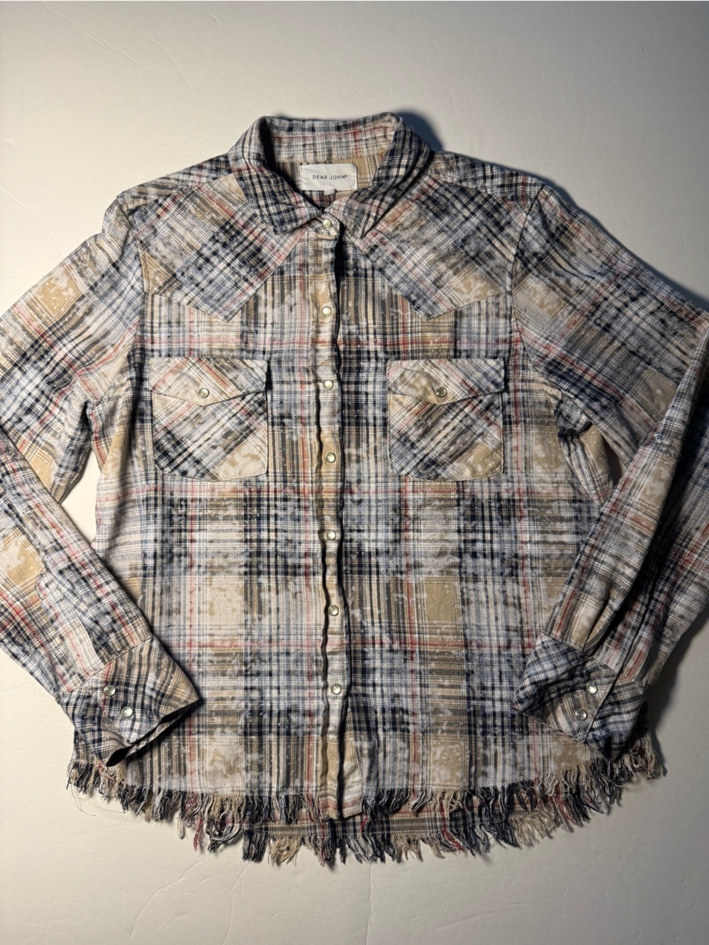 Dear John Star Blue Plaid Western Pearl Snap Fringe Shirt Medium 100% cotton